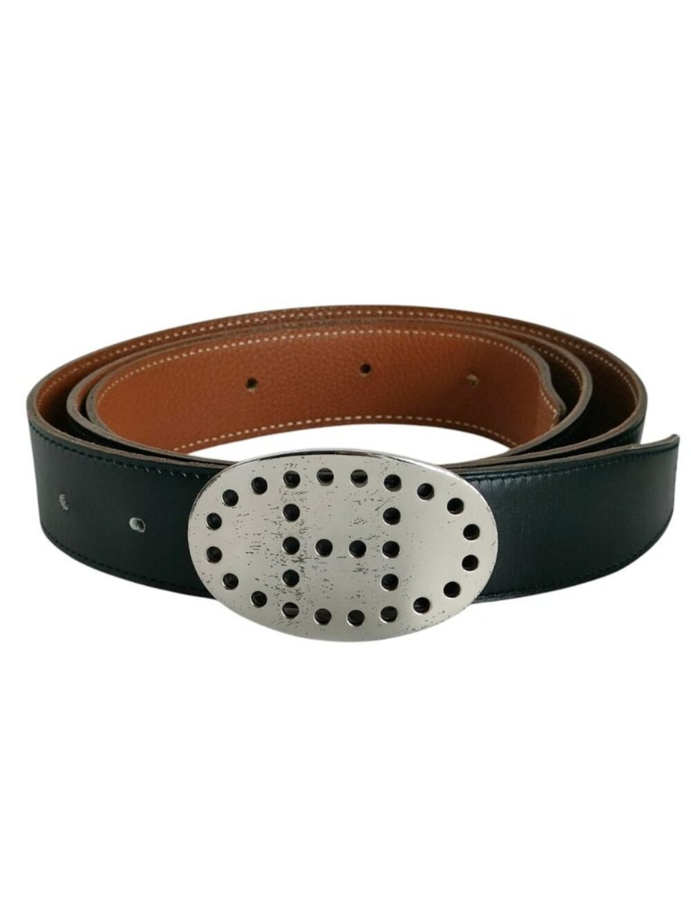 Hermes Evelyne Oval Buckle Reversible Leather Belt 120 Black Brown